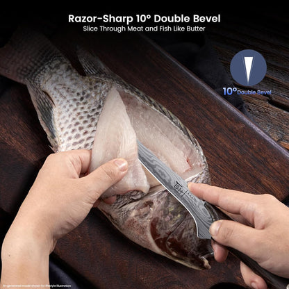 SYOKAMI Fillet Knife, Razor Sharp 7.2 Inch Boning Knife, High Carbon Stainless Steel Filet Knives with High Flexibility, Wooden Handle, Full Tang Damascus Pattern Fishing Knives, Ideal Gift