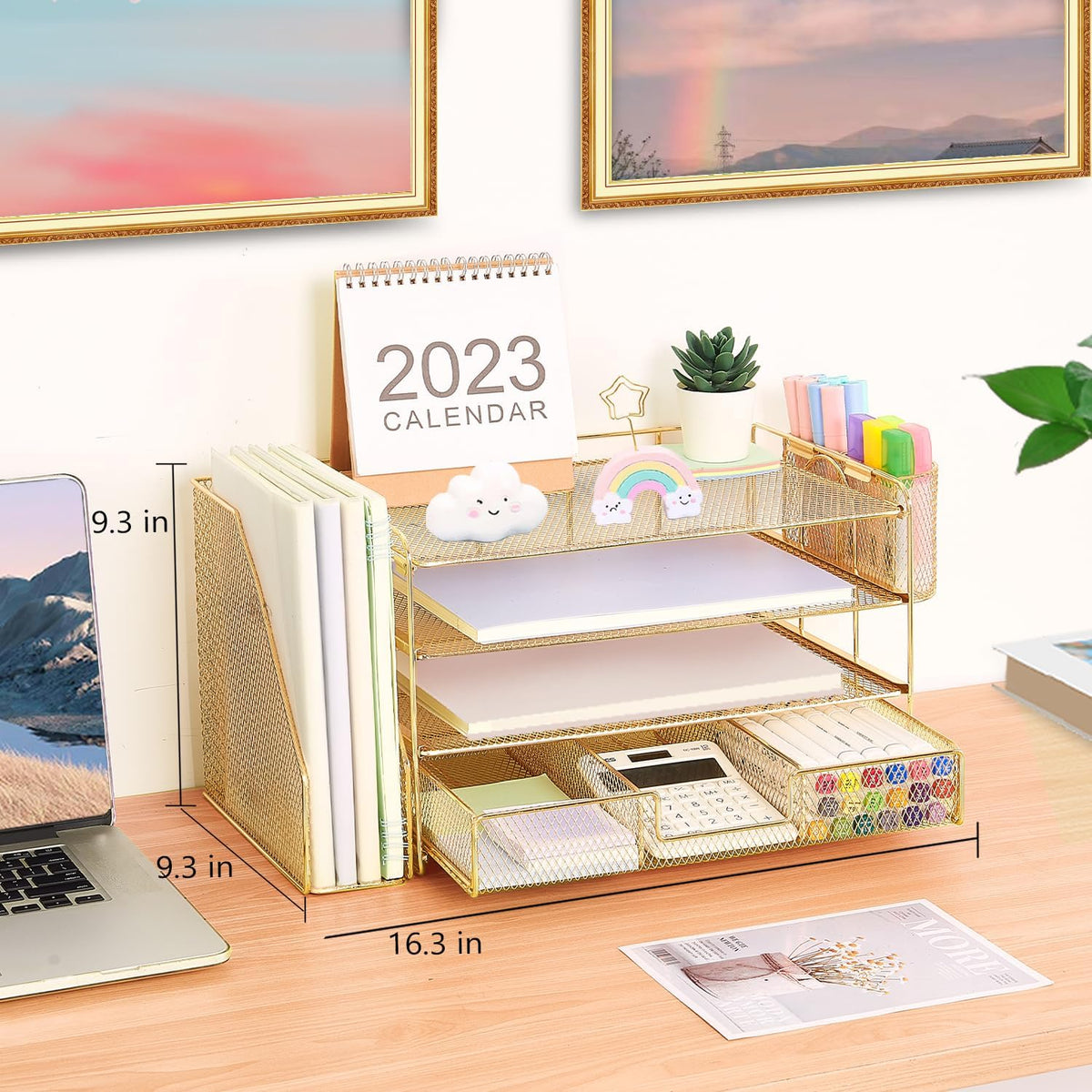 Desk Organizer and Accessories, 4-Tier Desktop File Organizer with Drawer and 2 Pen Holders, Office Desk Accessories for Office Supplies(Gold)