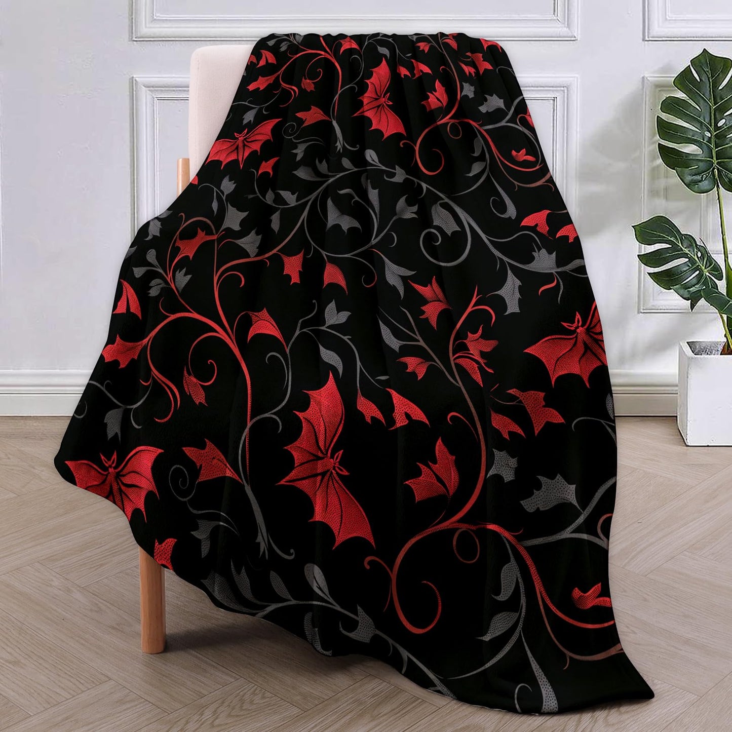 VANZEV Enchanted Autumn Leaves Fleece Blanket Gifts, Elegant Red and Black Bat Design, Cozy Throw 50x60 inches, Halloween Decor