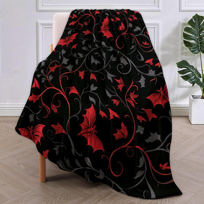 VANZEV Enchanted Autumn Leaves Fleece Blanket Gifts, Elegant Red and Black Bat Design, Cozy Throw 50x60 inches, Halloween Decor