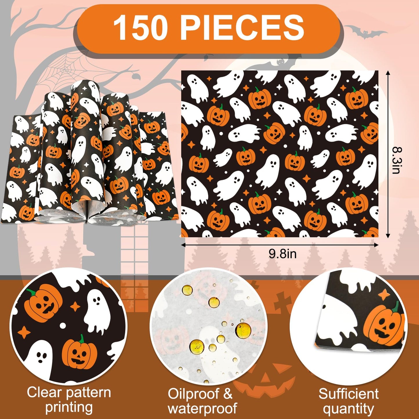 JarThenaAMCS 150Pcs Halloween Wax Paper Pumpkin Boo Ghost Deli Paper Black Sandwich Wrap Paper Tissue Waterproof Oil-Proof Picnic Liners for Party Kitchen Supplies, 9.8 x 8.3 Inch