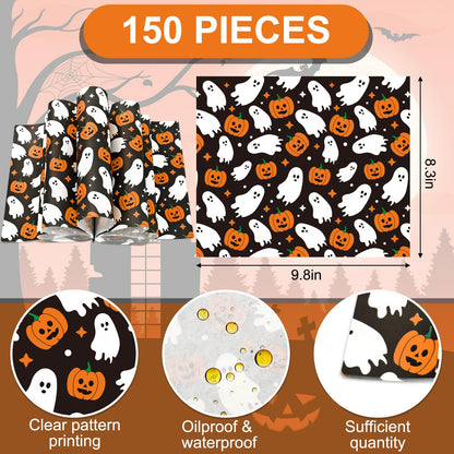 JarThenaAMCS 150Pcs Halloween Wax Paper Pumpkin Boo Ghost Deli Paper Black Sandwich Wrap Paper Tissue Waterproof Oil-Proof Picnic Liners for Party Kitchen Supplies, 9.8 x 8.3 Inch