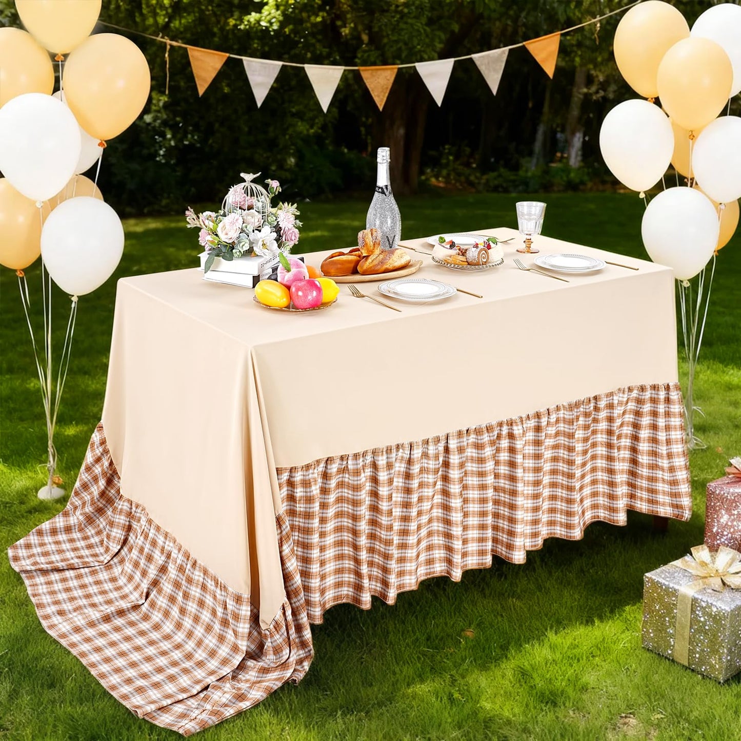 Fanqisi Brown Ruffle Table Cloth Fall Tablecloth - 90 x 132 Inch Polyester Tablecloths Rectangle Thanksgiving Table Cover for Birthday Wedding Picnic Christmas Party Decoration