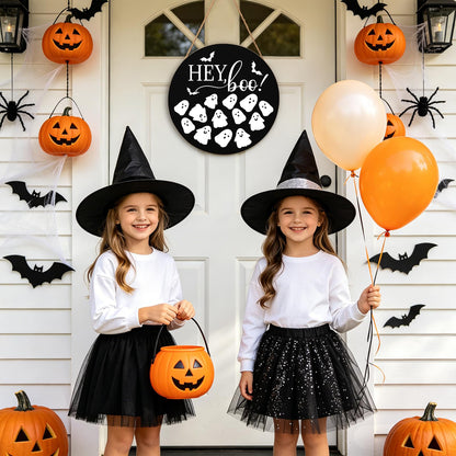 Hey Boo Sign 12x12 Inch Halloween Wreaths for Front Door Halloween Ghost Wood Door Hanger Black Boo Sign Farmhouse Holiday Decorations Wall Hanging Plaque for Trick or Treat Party Inside Outside