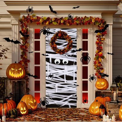 Engrowtic 78 Pcs Halloween Mummy Decorations Set with 3D Bat and Spider Stickers Wall Decor Self Adhesive Large Wiggle Eyes Crepe Paper and Masking Tape for Halloween Cosplay Party Door DIY Decor
