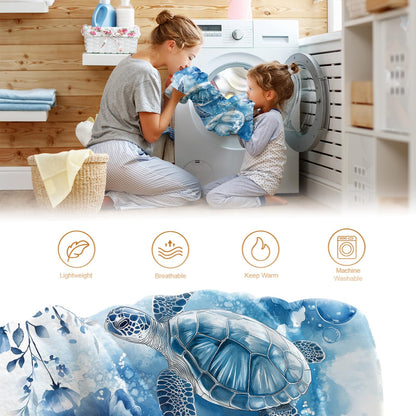 Hohoto Sea Turtle Floral Blanket Blue Flowers Ocean Gifts for Women Kids Girls Birthday Christmas Halloween Mother's Day Mom Wife Sisters Female Friends Presents Colorful Throw 60"x80"