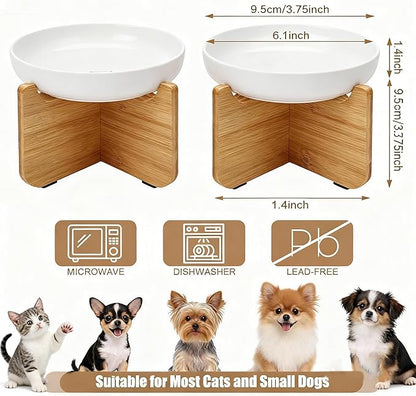 Shallow Elevated Cat Bowls with Bamboo Stand, 6.1 Inch Wide Ceramic Cat Dish Whisker Friendly, 2 Pack Pet Food and Water Plates