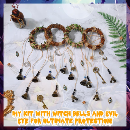 SANDOO 64pcs Witch Bells and Evil Eye for Protection DIY Kit - Witchcraft Supplies,Witches Bells for Door Knob, Windchimes Kit,Evil Eye Door Hanger for Home Bedroom Garden Halloween Decor, Witch Gifts