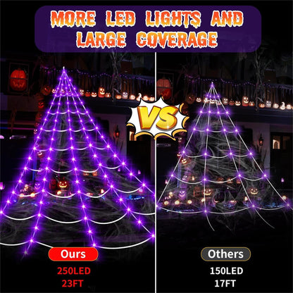 uesreaxy Halloween Decorations Outdoor, 250LED 23x18 FT Giant Spider Web with Purple Lights, Lighted Triangular Black Spider Web with Sturdy Wire, Waterproof, Timer, 8 Modes for Yard Halloween Décor