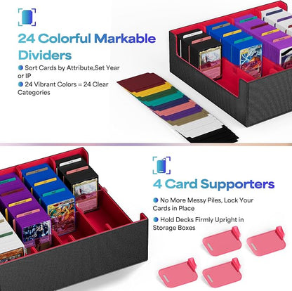 UAONO Trading Card Storage Box, Holds 2400 Sleeved Cards with 24 Dividers & 4 Stoppers, Magnetic Closure PU Leather Card Case for MTG, PTCG, YGO, Sports Cards (Black&Red)