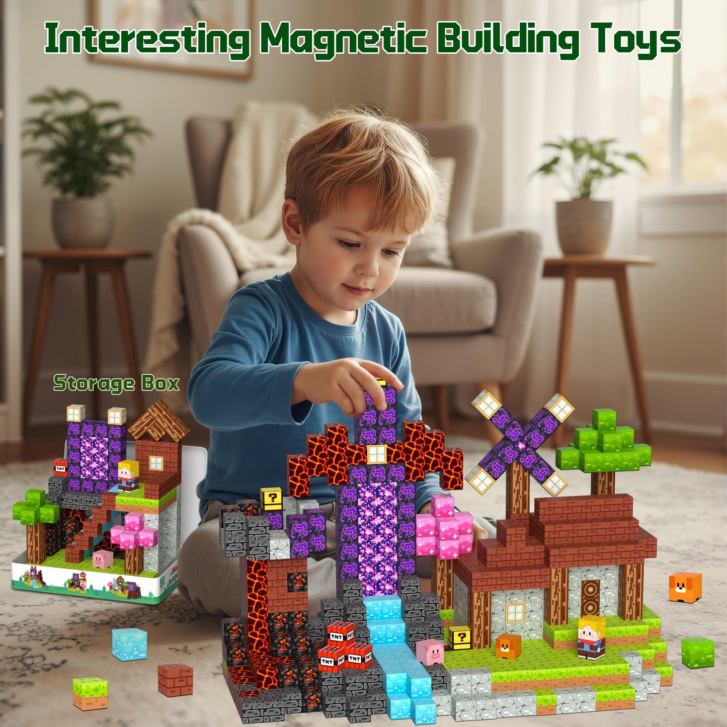 OUGUI 200 PCS Magnetic Blocks Building Block Kids - Magnet Cubes Boy Girl Constructions Toys STEM Montessori Educational Stacking Sensory Toy for Ages 3 4 5 6 7 8 9 10 11 12 Christmas Birthday Gift
