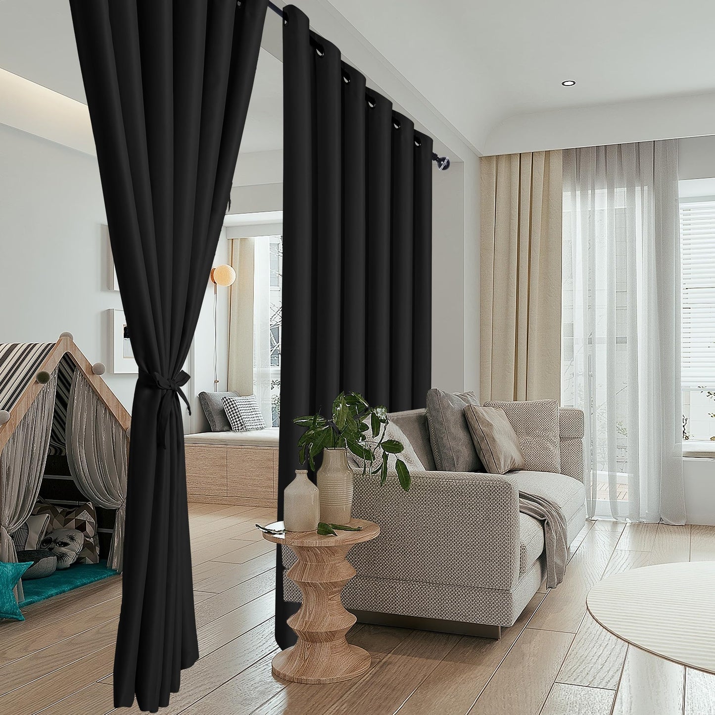 Hiasan Extra Wide Blackout Curtain Panel for Room Divider, 15ft Wide x 9ft Tall Grommet Patio Sliding Door Curtains for Thermal Insulated,Room Partition,Halloween,1 Ps Sewn with Tiebacks,Black