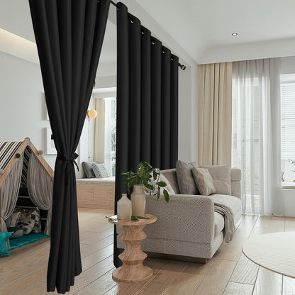 Hiasan Extra Wide Blackout Curtain Panel for Room Divider, 15ft Wide x 9ft Tall Grommet Patio Sliding Door Curtains for Thermal Insulated,Room Partition,Halloween,1 Ps Sewn with Tiebacks,Black