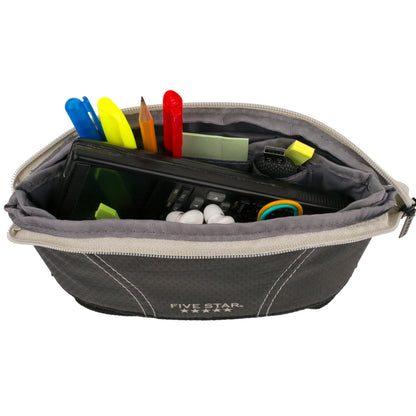 Five Star Pencil Pouch, Pen Case, Quick View Expandable Zipper Pouch, Storage Organizer for School Supplies Earbuds Chargers Cables Makeup, Black/Grey (507610A-ECM)