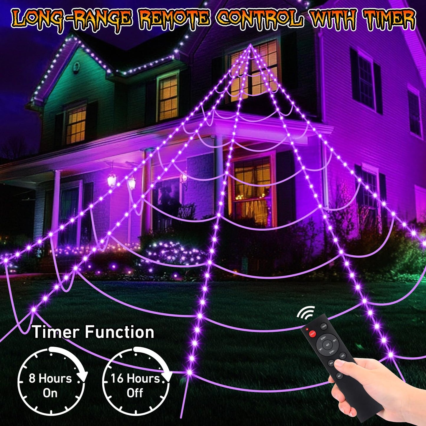Halloween Spider Web Lights 250 LED: 19.68Ft Outdoor Web Halloween Decorations with Purple Lights - Halloweens Decor Light with 8 Modes Waterproof & Timer for Outdoor Indoor Yard Haunted House