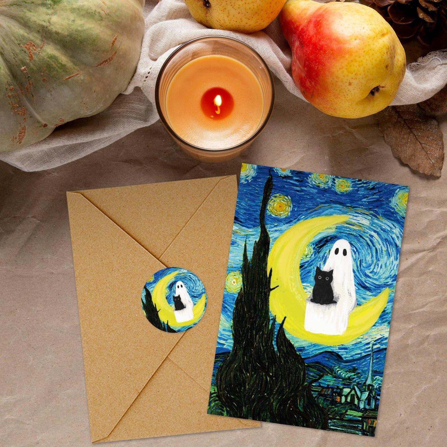 JarThenaAMCS 36 Pcs Halloween Greeting Cards Van Gogh Ghost Blank Note Cards with Envelope Stickers for Party Invitations, 4 x 6 Inch