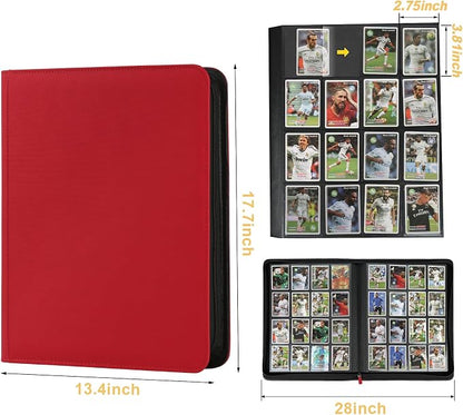 16 Pocket Ringless Side Loading Trading Card Binder, 1024 Cards PU Fixed Page Zipper Card Album for TCG Sports Game Cards, Not Fit Top Loaders (Red)