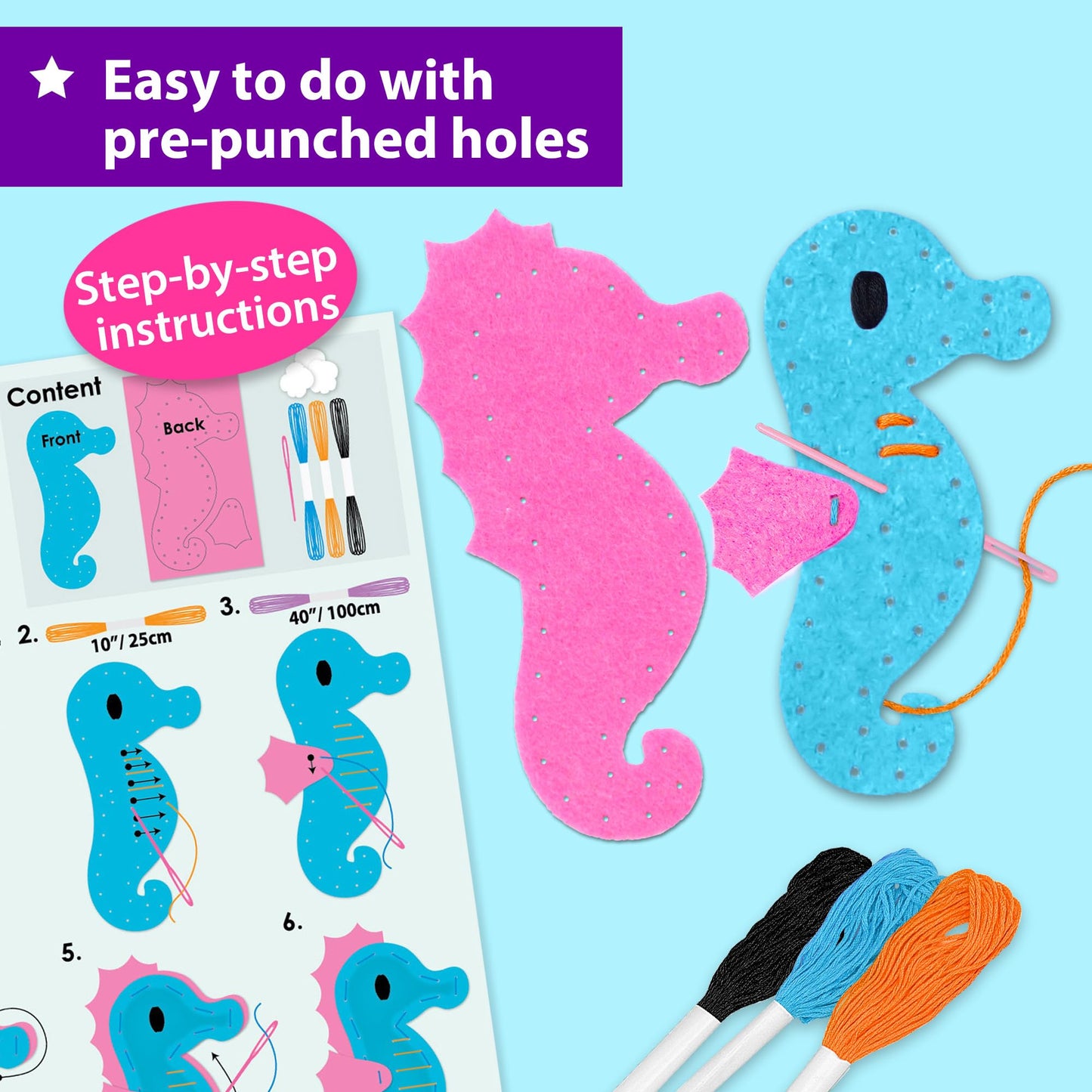 KRAFUN Mermaid Sea Animals Beginner Sewing Kit for Kids Art & Craft kit, Includes 7 Soft Plush Dolls, Instructions & Felt Materials for Learn to Sew, Embroidery Skills, Gift for Girls Educational