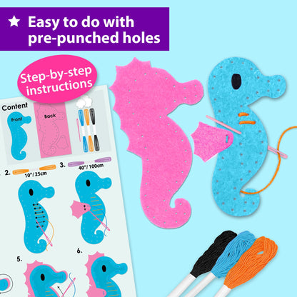 KRAFUN Mermaid Sea Animals Beginner Sewing Kit for Kids Art & Craft kit, Includes 7 Soft Plush Dolls, Instructions & Felt Materials for Learn to Sew, Embroidery Skills, Gift for Girls Educational
