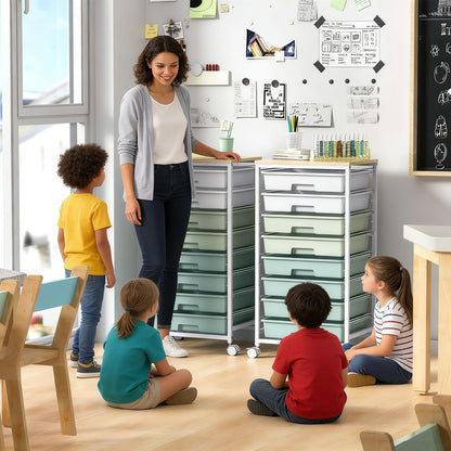 Rolling Storage Utility Cart Organizers with 8 Drawers and Wooden Tabletop for Living Room,Office,Classroom,Craft Room,Bedroom,Dorm,Green