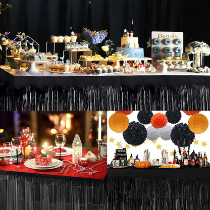 2 Pack 29.5x168 Inch Metallic Foil Fringe Tinsel Table Skirts Disposable Table Skirt for Parade Floats, Mardi Gras Party, Wedding, Birthday Party(Black)