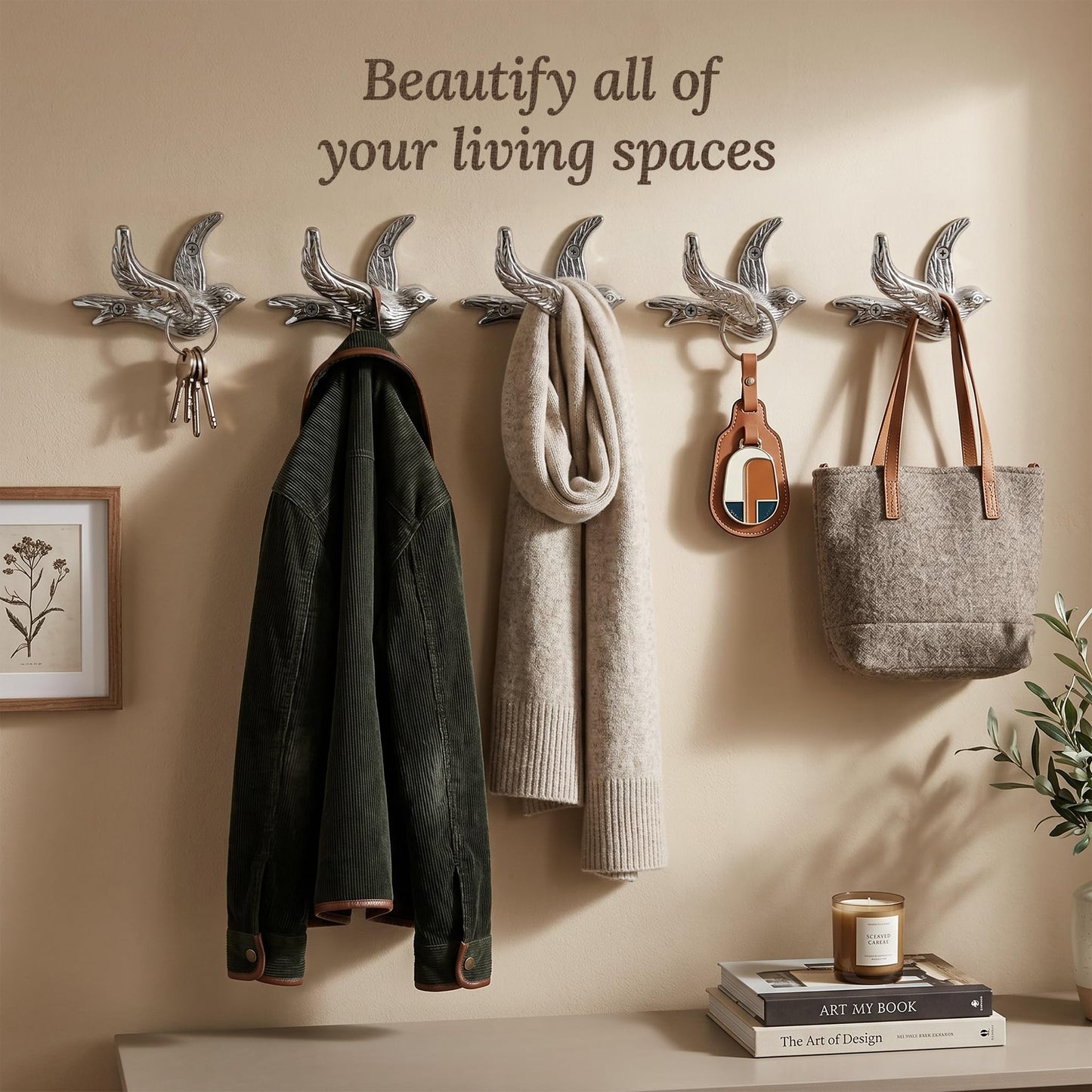 Flying Bird Decorative Wall Hooks (5 Pack) Cast Iron, Silver Coat Hooks, Wall Mounted - Farmhouse Decor, Hooks for Coats, Bags, Hats, Towels, Easy to Install (Antique Silver Hooks)