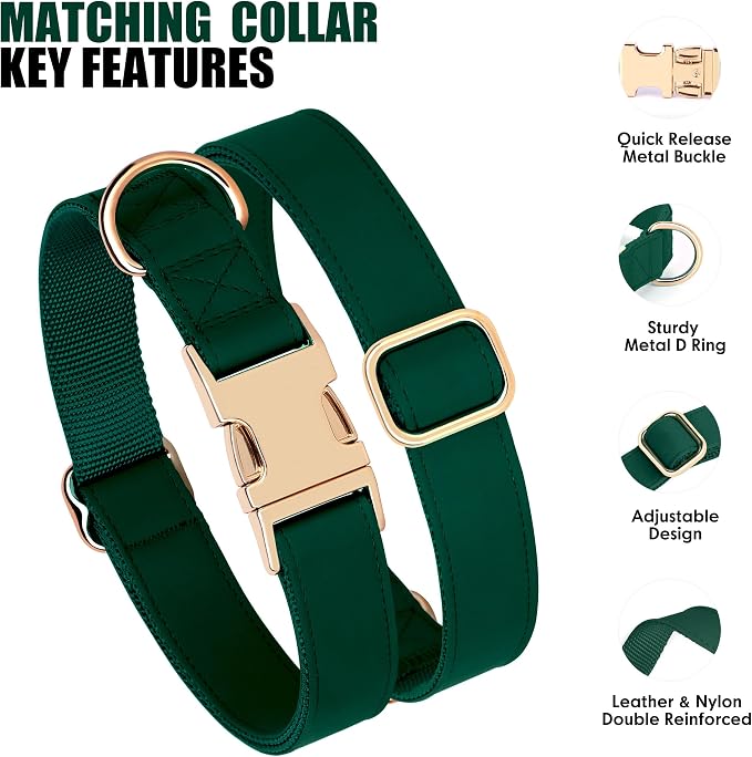 PET ARTIST Soft PU Leather Dog Collar and Leash Set, Bright & Stylish 5FT PU Leather Leash and Collar Set, Durable Pet Collars with Quick Release Metal Buckle for Medium Dogs,Christmas Green,M(13-19")