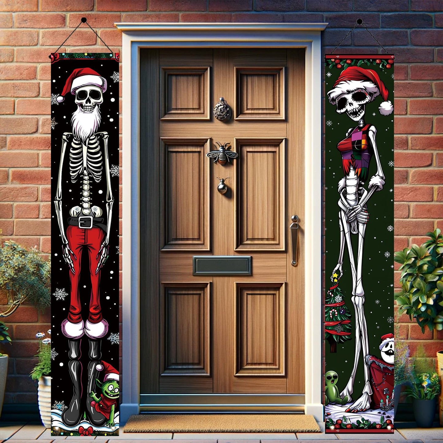 Saoplasa 2PCS Christmas Skeleton Porch Banner Decorations 71 x 12 Inch Holiday Skeleton Couple Front Door Hanging Sign Santa Hat Red Green Outfit Outdoor Wall Decor for Winter Party Yard Entrance