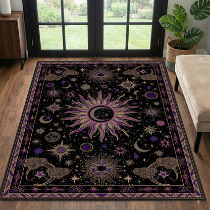 meejou 3x5 Area Rugs, Washable Vacuum-Friendly Non-Slip Rug Vintage Boho Gothic Sun and Moon Printed Pattern Low Pile Carpet for Living Room Bedroom Dining Room Hallway Entryway,Black Purple Beige