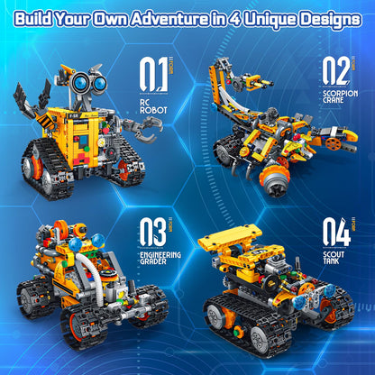 Demkia Robot Building Kit for Kids and Adults, 4-in-1 Rechargeable RC Robotics Kit with Remote & App Control, STEM Coding Toys & Science Projects, Birthday Gifts for Boys Ages 8-12+ (588 Pcs)