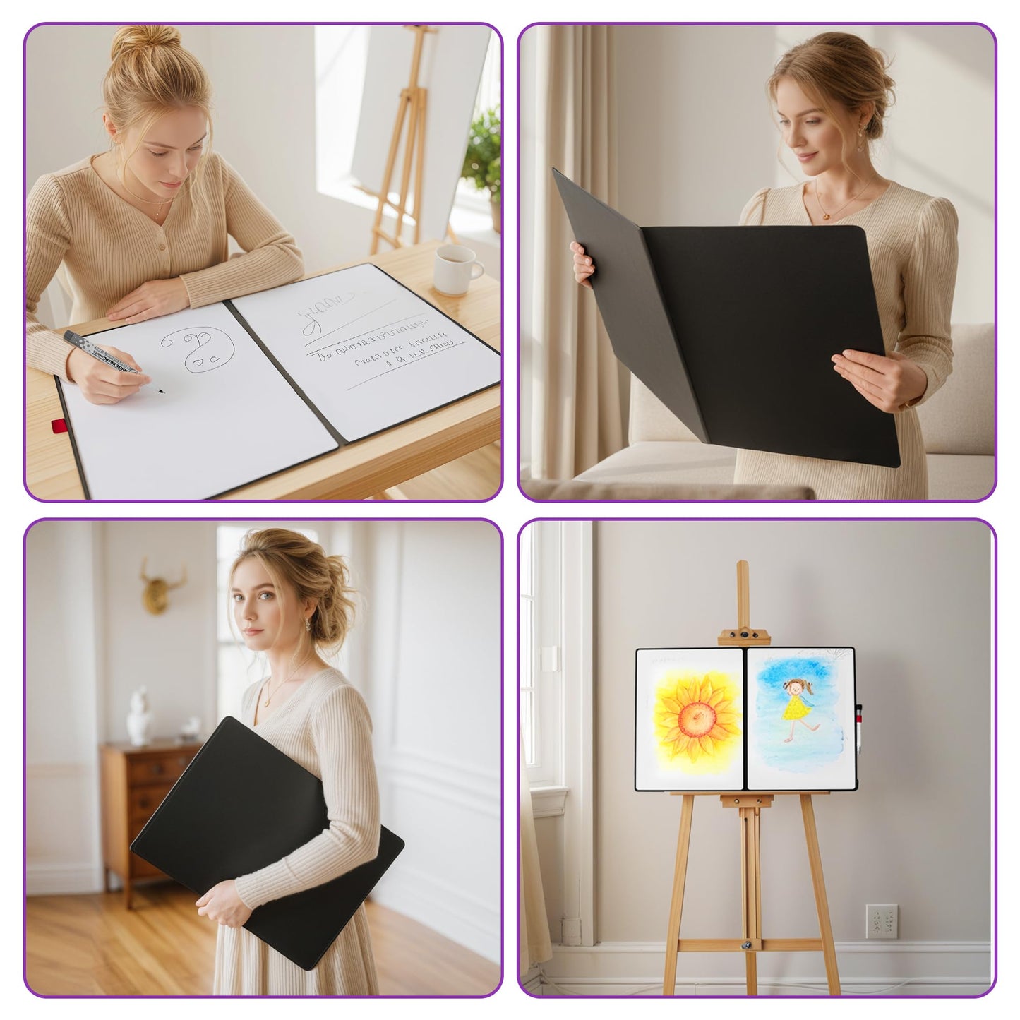iNenya Double-Sided White Board 16×12inch - Expands to 24“×16” Dry Erase Board with 3 Markers & Anti-Ghosting Surface | Magnetic-Ready | Ultra-Thin for Office,School,Travel,Home(16"×12"-Black)