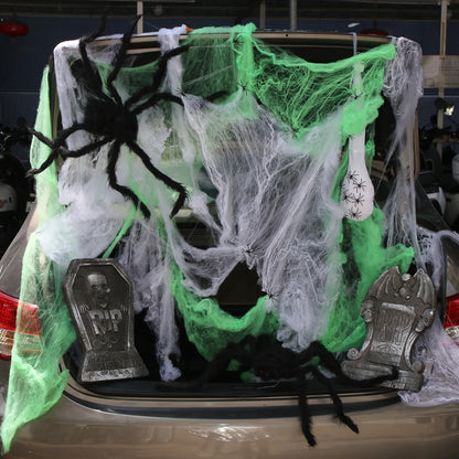 Hiboom Trunk or Treat Halloween Car Decoration Spider and Tombstones Set Including 2 Tombstones 3 Hairy Spiders 60 Little Realistic Spider White Cotton Web Green Cotton Web Spider Egg Sack