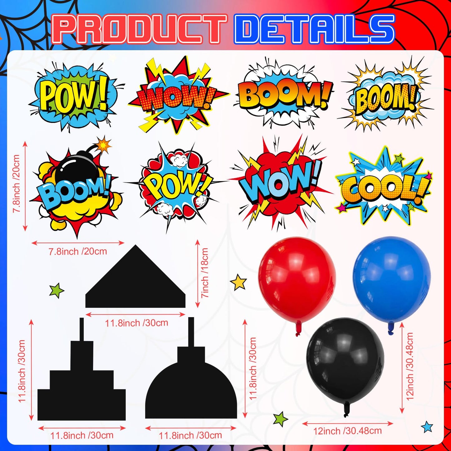 Sliner 47 Pcs Spider Web Birthday Decorations, Tinsel Foil Fringe Curtains Balloons Skyscraper City Boxes set, Spider Party Supplies Red Black Blue Photo Booth Prop Backdrop Streamer, Backdrop Decor