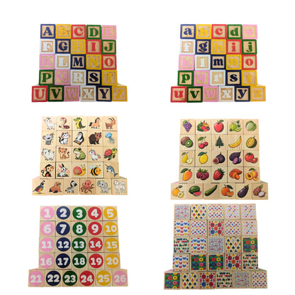 Tot Dojo ABC-123 Pine Wood Educational Blocks Set, 26 Pieces – Alphabet, Numbers, Animals, Fruits & Patterns for Toddlers