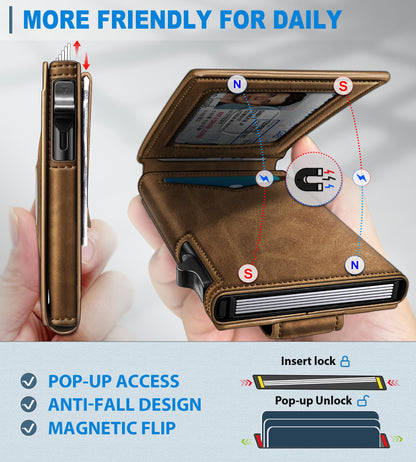 miyozi Airtag Wallet for Men Money Clip 9-Card Pop-Up Credit Card Holder with ID Window RFID Blocking Metal Case Magnetic Closure Front Pocket Wallet Gift Box