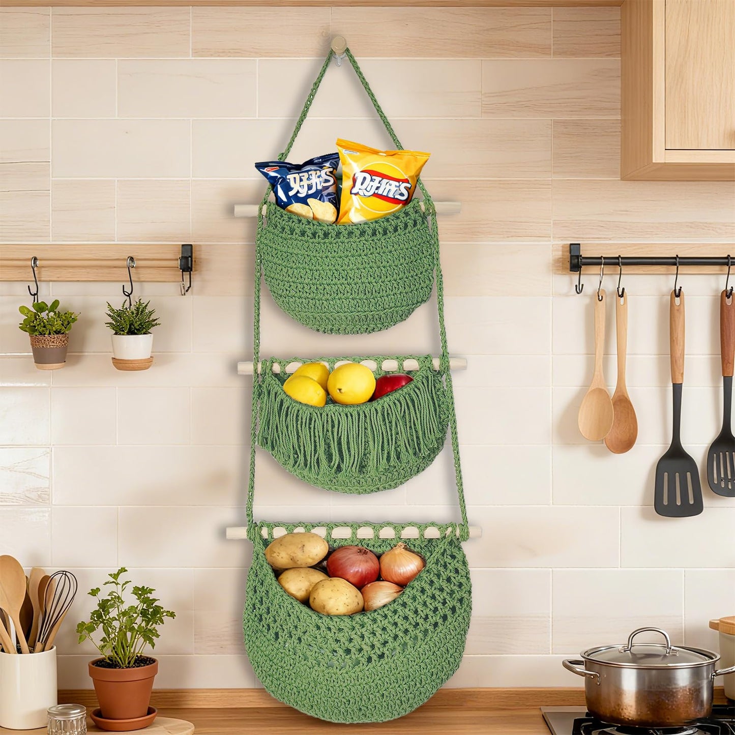 Halidali 3 Tier Hanging Fruit Baskets for Kitchen, Boho Cotton Rope Handwoven Vegetable Hammock Produce Storage Wall Mounted Large Organizing Basket for Farmhouse Decor, Onion, Potato (Green)