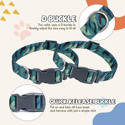 Print Patterned Dog Collar Leash Set, Adjusted Quick-Release Plastic Buckles and Heavy-Duty Steel D-Ring Nylon Collar Leash Set Strong Durable, Green Camo,S
