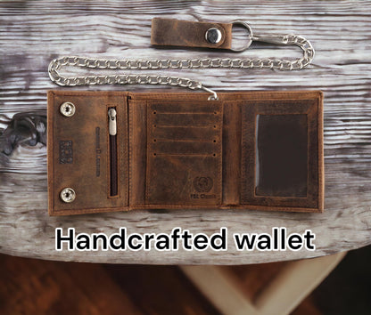 F&L CLASSIC RFID Blocking Men's Tri-fold Vintage Biker Cowhide Leather Steel Chain Wallet,Snap closure, USA,Vintage buffalo brown,315