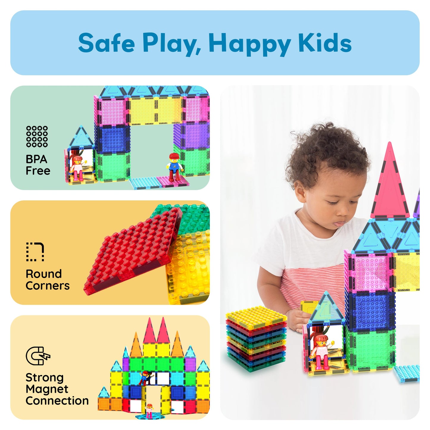 PicassoTiles 63pc Magnetic Tile Building Block Set with 2 Character Figures STEM 3D Construction Educational Toy for Kid Toddlers Boys Girls Age 3 Plus Montessori Learning Playset Creativity Kit PTL63