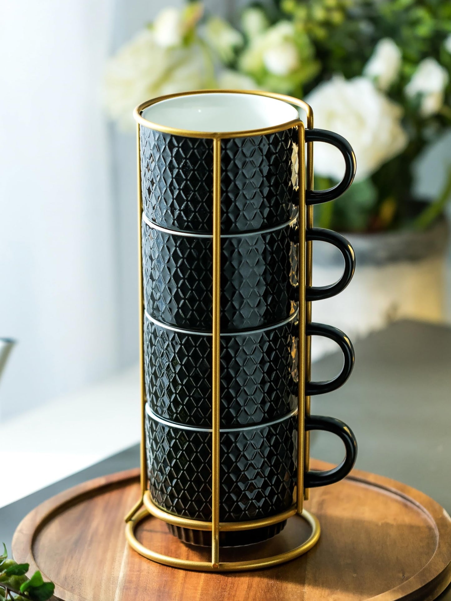 LYEOBOH Stackable Coffee Mugs Set of 4 with Rack & Spoons Coffee Mug Set 13 OZ., Ceramic Embossed Grinding Demitasse Cups Set Cappuccino Cup Halloween for Coffee, Latte, Macchiato, Espresso, Black