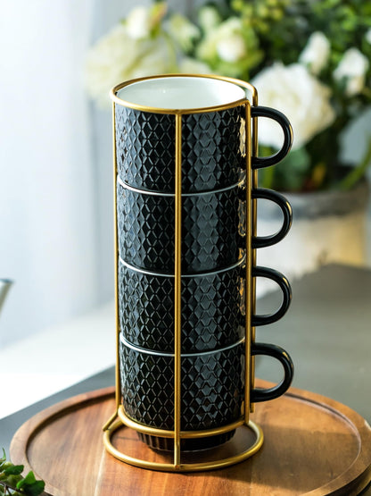 LYEOBOH Stackable Coffee Mugs Set of 4 with Rack & Spoons Coffee Mug Set 13 OZ., Ceramic Embossed Grinding Demitasse Cups Set Cappuccino Cup Halloween for Coffee, Latte, Macchiato, Espresso, Black