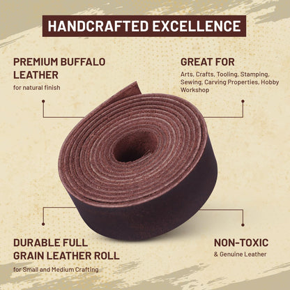 Genuine Buffalo Leather Strap for Crafts - Handcrafted Durable Full Grain Leather Roll - Leathercraft Accessories for Bracelet Making, Belt Making Supplies, Keychains, Dog Collars, & More (1” x 60”)
