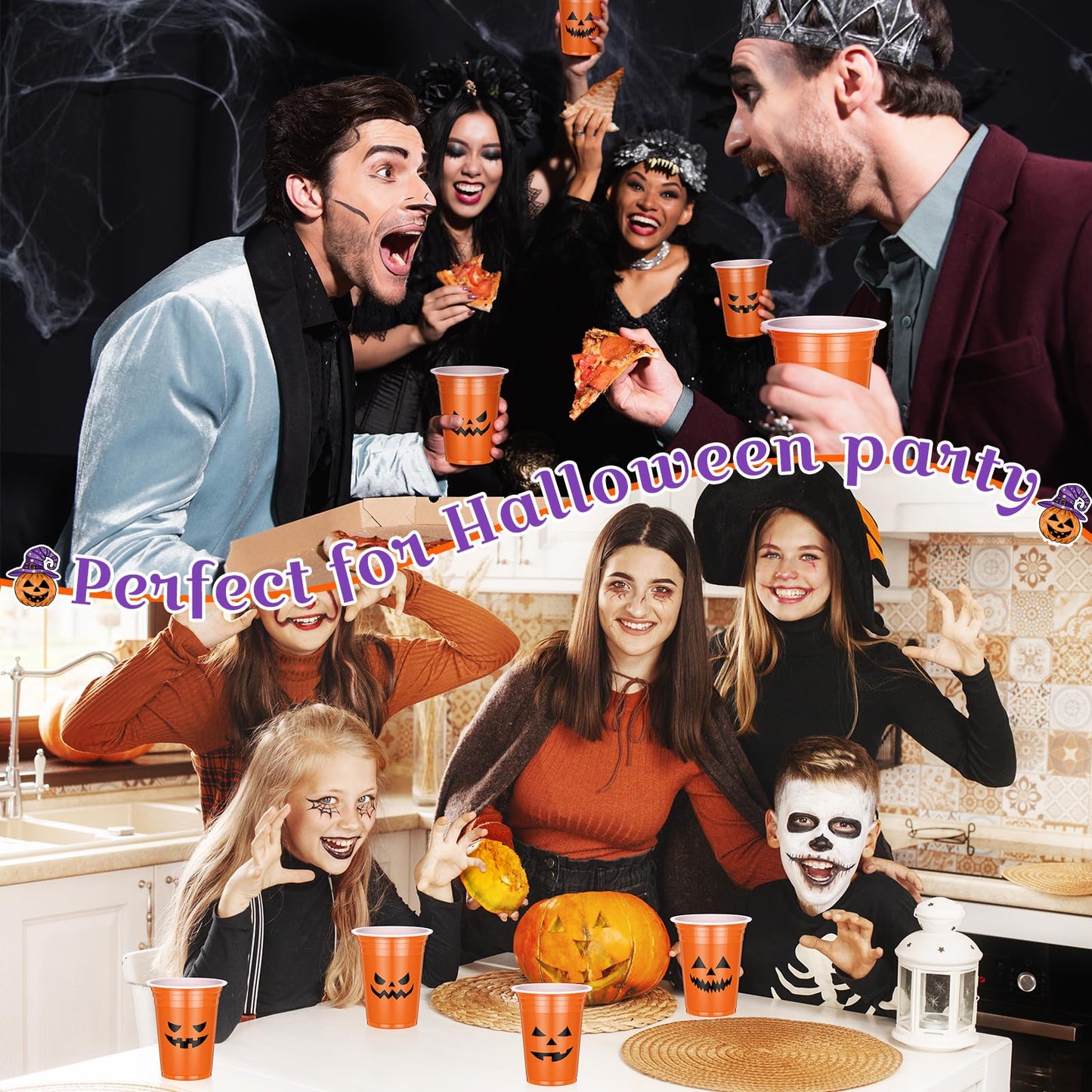 Dandat 120 Pcs 12 oz Halloween Party Plastic Cups Disposable Pumpkin Skull Cups for Halloween Party Favors Supplies Coffee(Classic)