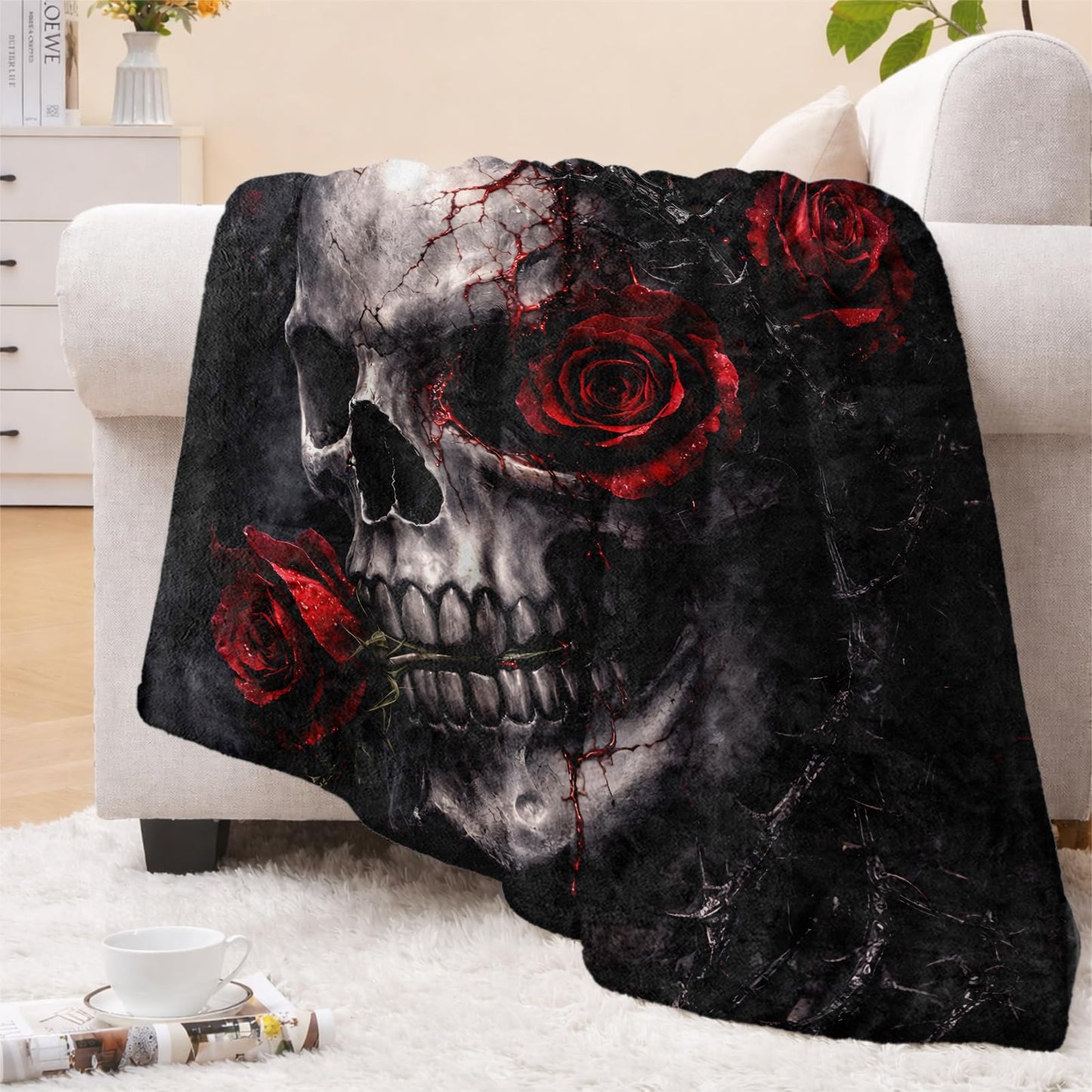 cromcu Gothic Skull Rose Flannel Throw Blanket, 50x60in, Soft Warm Cozy Blankets with Skull and Red Rose, Gothic Gifts for Women Skeleton Lovers, Halloween Home Decor Dorm Office Travel Camping