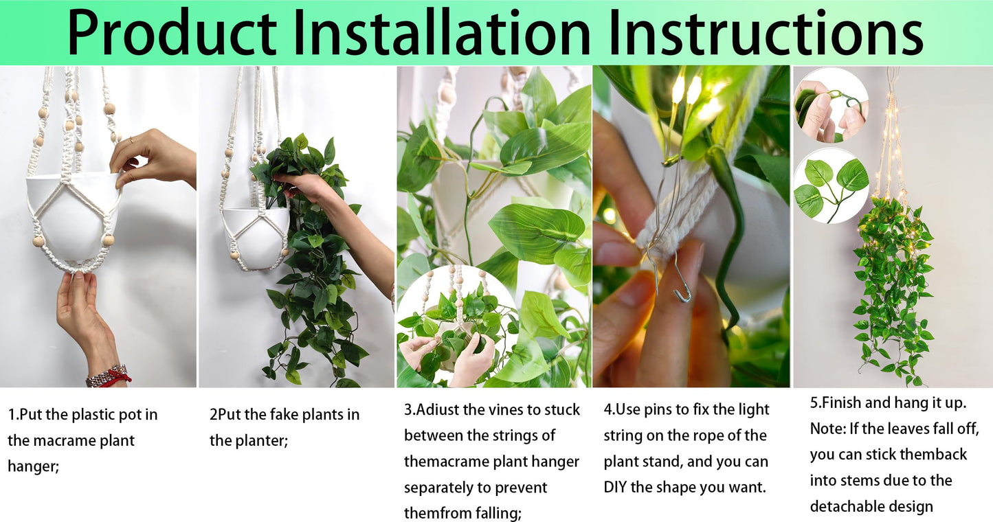 Comtelek Fake Hanging Plants with Lights Artificial Plants for Home Decor Macrame Plant Hanger with Fake Vines Faux Hanging Planter for Wall Ceiling Bedroom Bathroom Kitchen Office Boho Decor Indoor