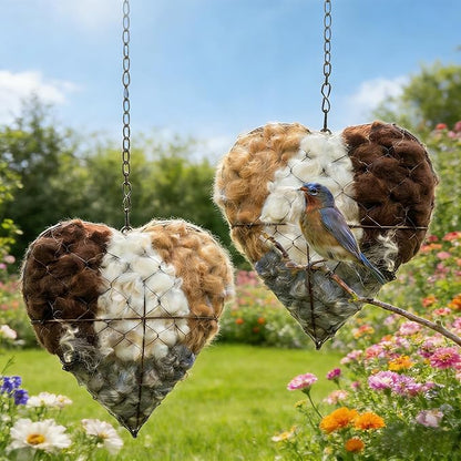Handmade Alpaca Fiber Bird Nesting Heart with 2 Refill Bags, Reusable Nesting Material Accessory for Wild Birds, Outdoor Garden Decoration, Gift for Bird & Nature Lovers (1 Sets)