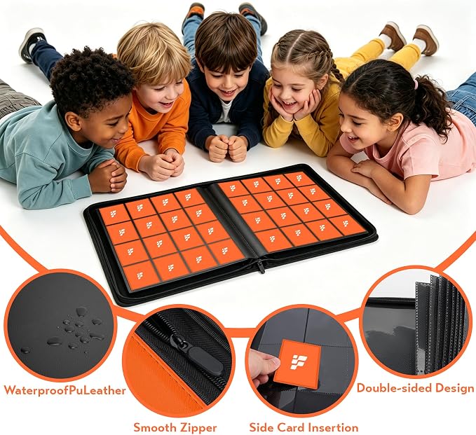 1000+ Pockets Trading Card Binder, 16 Pockets Trading Card Binder Ringless Side Loading Trading Card Album Folder for TCG,MTG,Sports Cards(Orange-1)