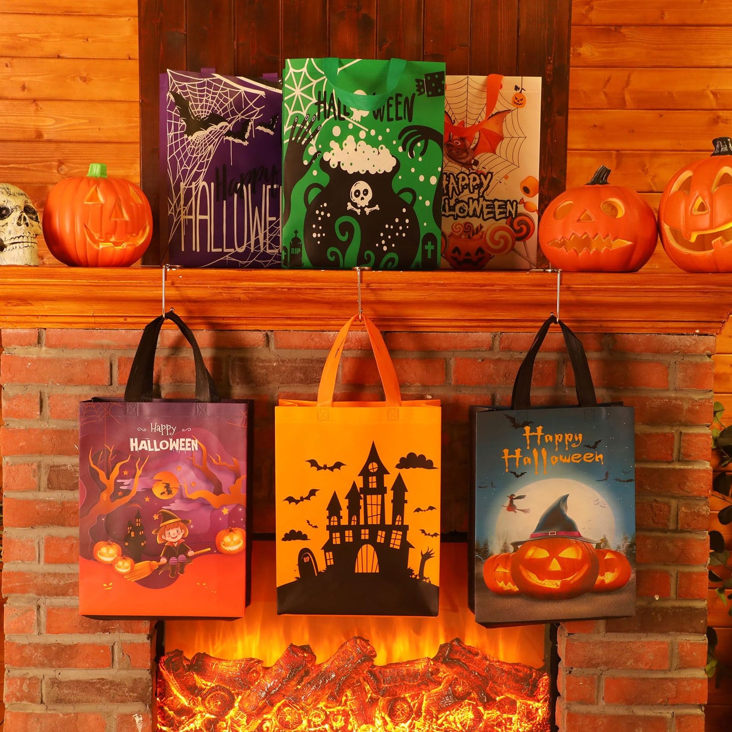 Sanwuta 24 Pcs Halloween Tote Gift Bags 14.9 x 11.8 Large Trick or Treat Reusable Non Woven Candy Treat Goodies Bags for Halloween Party Supplies