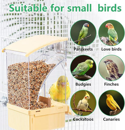 Hamiledyi Automatic Bird Feeder No Mess Bird Cage Feeder Transparent Acrylic Parrot Seed Food Container with Perch Cage Accessories for Parakeet Finch Lovebirds Budgies Canary (Yellow)
