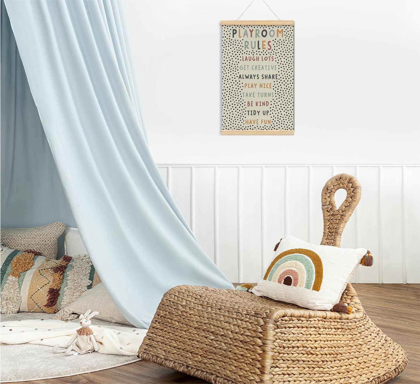 Playroom Kids Tollder Room Wall Decor, Play Room Rules Wall Decor for Kids Play Game Room Bedroom Nursery Home School Playroom Essentials, Canvas Hanging Banner Wood Poster Frameds,16x24 Inch